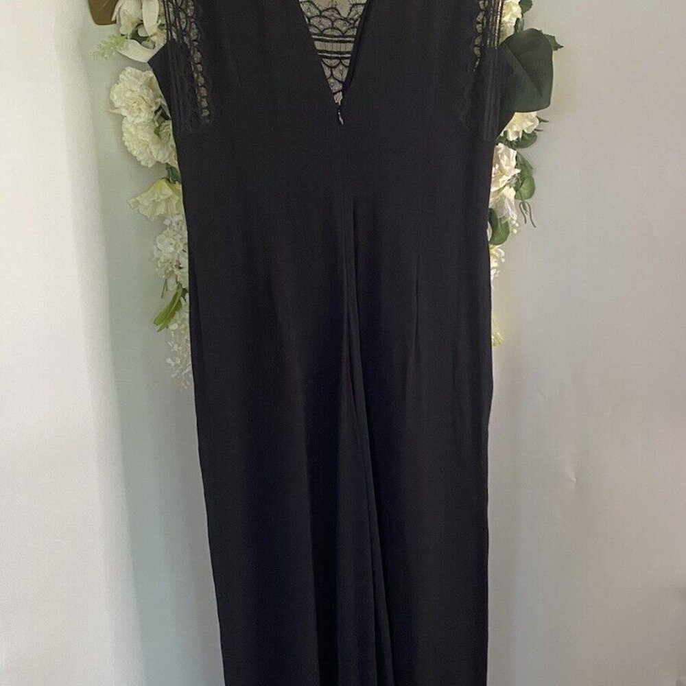 Sandro Palazzo Plunge V-Neck Lace Trim Wide Leg Jumpsuit in Black Med $495 NWOT - Picture 13 of 16